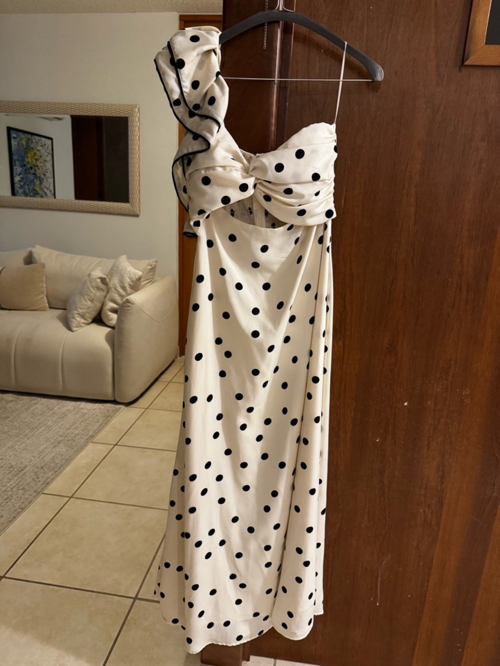 Ivory Polka Dot One-Shoulder Midi Dress